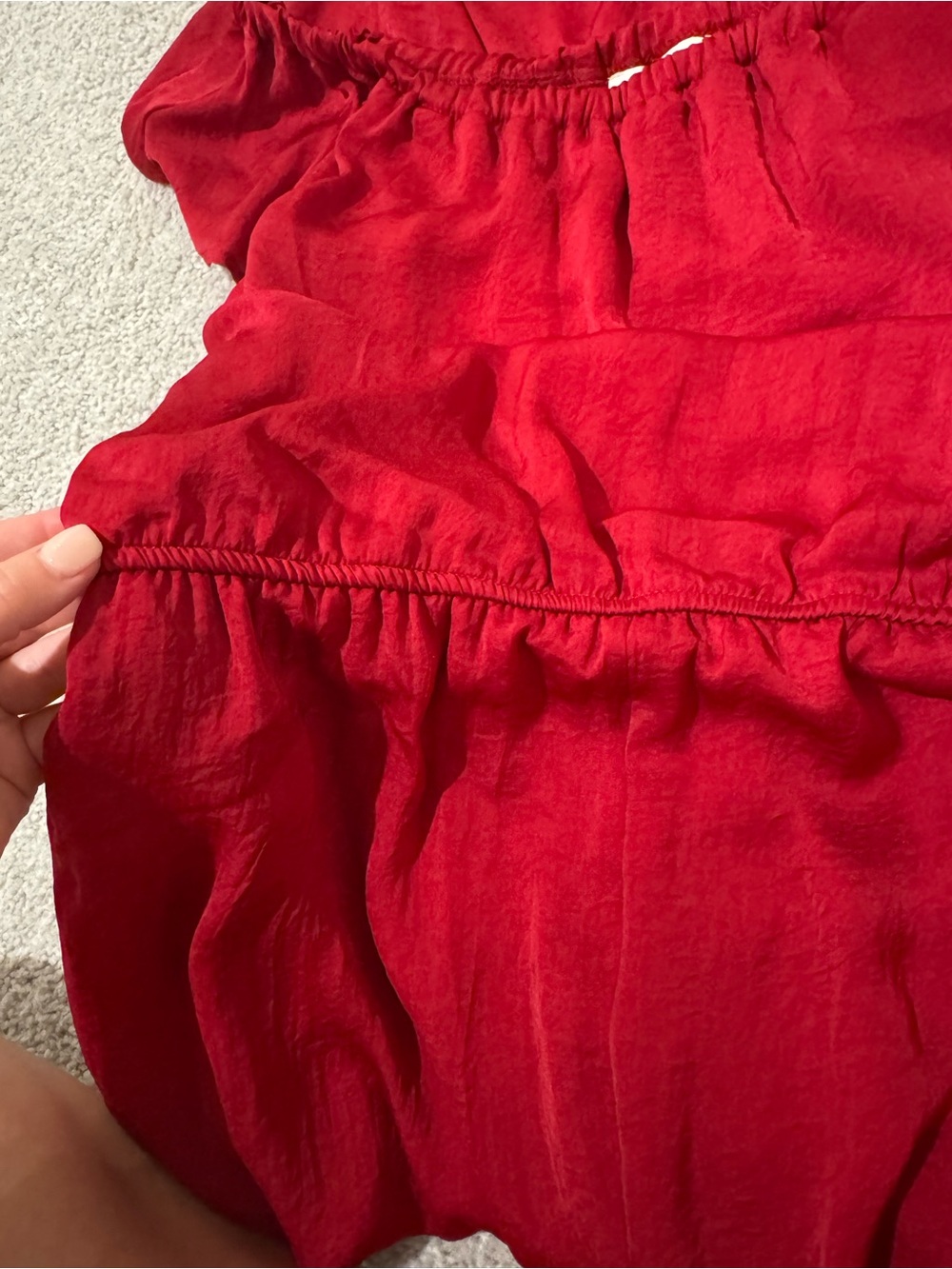 She + Sky Deep Red Off-Shoulder Ruffle Romper - Picture 5 of 6
